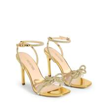 Women Bowknots Crystal Heeled Sandals Fashion Square Toe Rhinestone Decor Ankle Strap Heels For Sweet-Meets-Sassy Styles, For Autumn Party Wedding Prom - Vàng - Xem 2