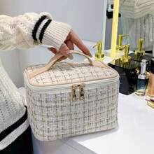 1 Large Capacity Travel Makeup Storage Bag, Stylish Portable Hand Held Toiletries Storage Bag, Made Of Polyester Material, With Double-Layer Zipper Compartments, Suitable For Home And Outdoor Travel Bags Summer Travel, Vacation