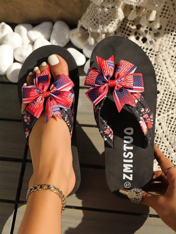 Women's Rose Flower Wedge Thong Sandals, Thick Sole Flat Slide Slippers