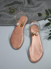 Sandálias Rasteiras Femininas de Verão, Novo Design Sólido, Chique Casual, com Detalhe de Fivela Metálica com Pérolas