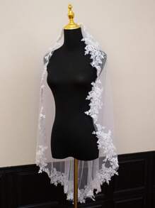 1pc Long Lace Edge Bridal Veil With Faux Pearl Decor, Wedding Hair Accessory - Multicolor - View 6