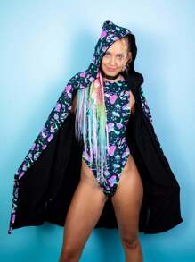 Mushies Sideboob Bodysuit – Blacklight Reactive Festival One-Piece - 黑色 - 查看 3