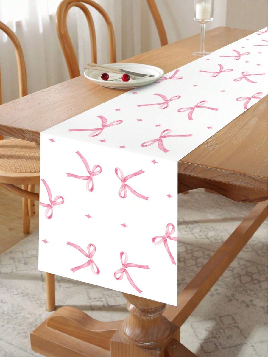 1pc Pink Bow Table Runner, Pink Bow Theme Birthday Party Table Decor, Wedding Dining Table Decoration, Holiday Party Background Supplies, Kitchen Dining Table Cloth, Room Decor, Party Scene Decoration, Party Gifts, Baby Shower Decoration, Birthday Gift - Pink Bow - View 1