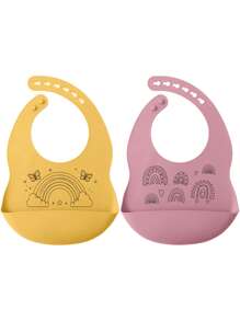 PopLittleOne 2PCS Silicone Baby Bibs Cartoon Pattern Bibs Solid Color Baby Tableware Waterproof Baby Stuff Adjustable Baby Tableware Baby Shower Gift