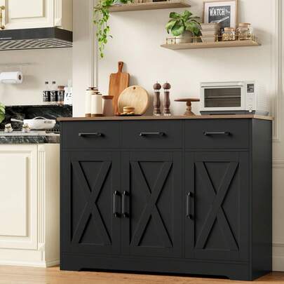 Sideboard, Kitchen Cabinet With 3 Drawers And 3 Doors, Wooden Storage Cupboard Cabinet For Kitchen, Living Room, Dining Room, Hallway, White & Brown