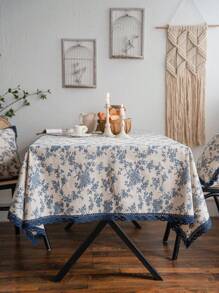 1 pezzo Tovaglia in cotone e lino con stampa di rose blu, adatta per scrivanie d'ufficio, decorazioni di hotel e tappetini da picnic
