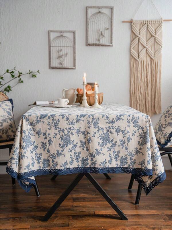 1 pezzo Tovaglia in cotone e lino con stampa di rose blu, adatta per scrivanie d'ufficio, decorazioni di hotel e tappetini da picnic