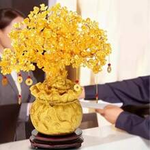 1 件天然水晶叶繁茂树，树脂招财装饰，风水风格家居装饰，独特商务礼品，吉祥财富象征