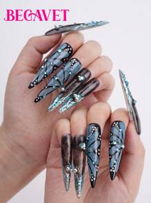 BEGAVET New Spring&Summer Collection 10pcs Handmade Salon Quality Nail Art Press On Nails Handpainting Shimmer Nails Super Long Exclusive Design 3D Nails With 3D Charms, Suitable For New Year Parties/Music Festival And Daily Wear