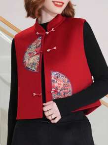 Springtime Asymmetrical Double Dragon Embroidered Cardigan Vest Top, Short Style, Sleeveless Red Cropped Jacket, Elegant And Casual Vest For Women. Fold-Front Cardigan, Unlined, A Great Gift For Mothers, A Stylish Vest, High-Quality And Fashionable, Suitable For Holidays, Shopping, Everyday Wear, Casual Occasions, Vacations, Social Events, And Parties. - Red - View 1