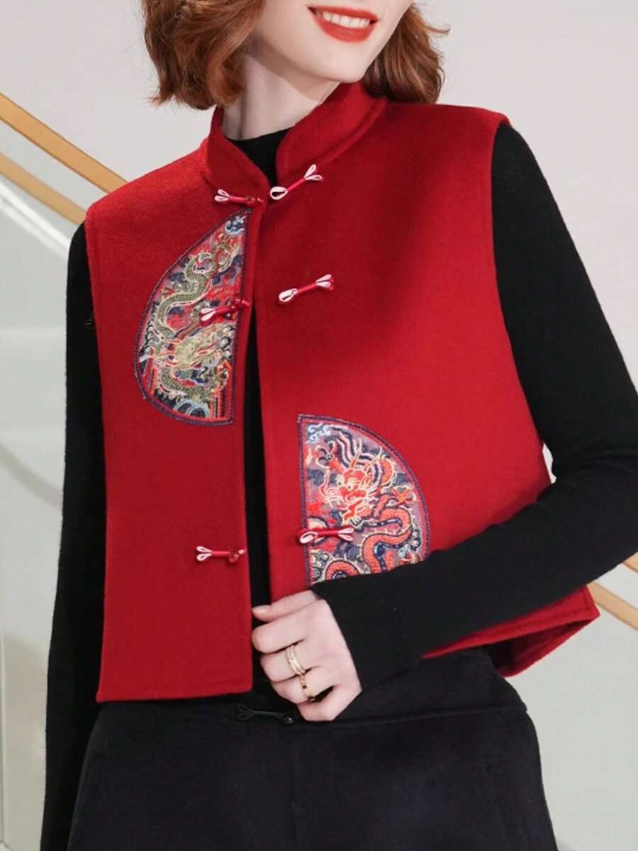 Springtime Asymmetrical Double Dragon Embroidered Cardigan Vest Top, Short Style, Sleeveless Red Cropped Jacket, Elegant And Casual Vest For Women. Fold-Front Cardigan, Unlined, A Great Gift For Mothers, A Stylish Vest, High-Quality And Fashionable, Suitable For Holidays, Shopping, Everyday Wear, Casual Occasions, Vacations, Social Events, And Parties. - Red - View 1