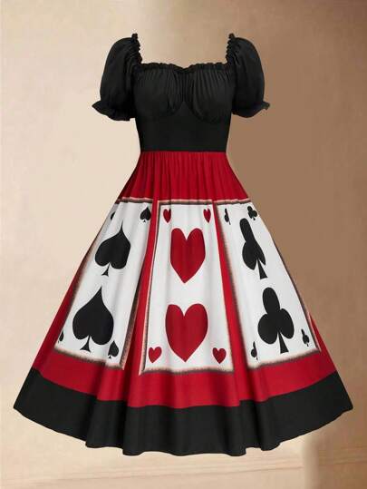 Vestido corto de manga corta con volantes en el bajo, estampado de naipes de Halloween, elegante y casual, estilo vintage