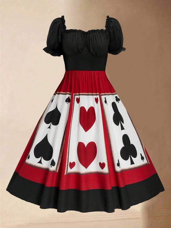 Vestido corto de manga corta con volantes en el bajo, estampado de naipes de Halloween, elegante y casual, estilo vintage
