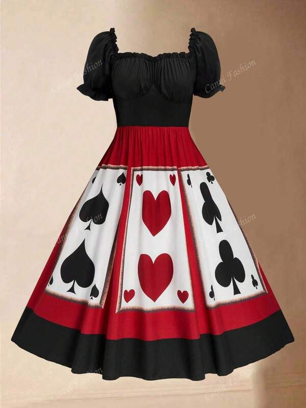 Retro Poker Print Mid-Calf Maxi Swing Dress
