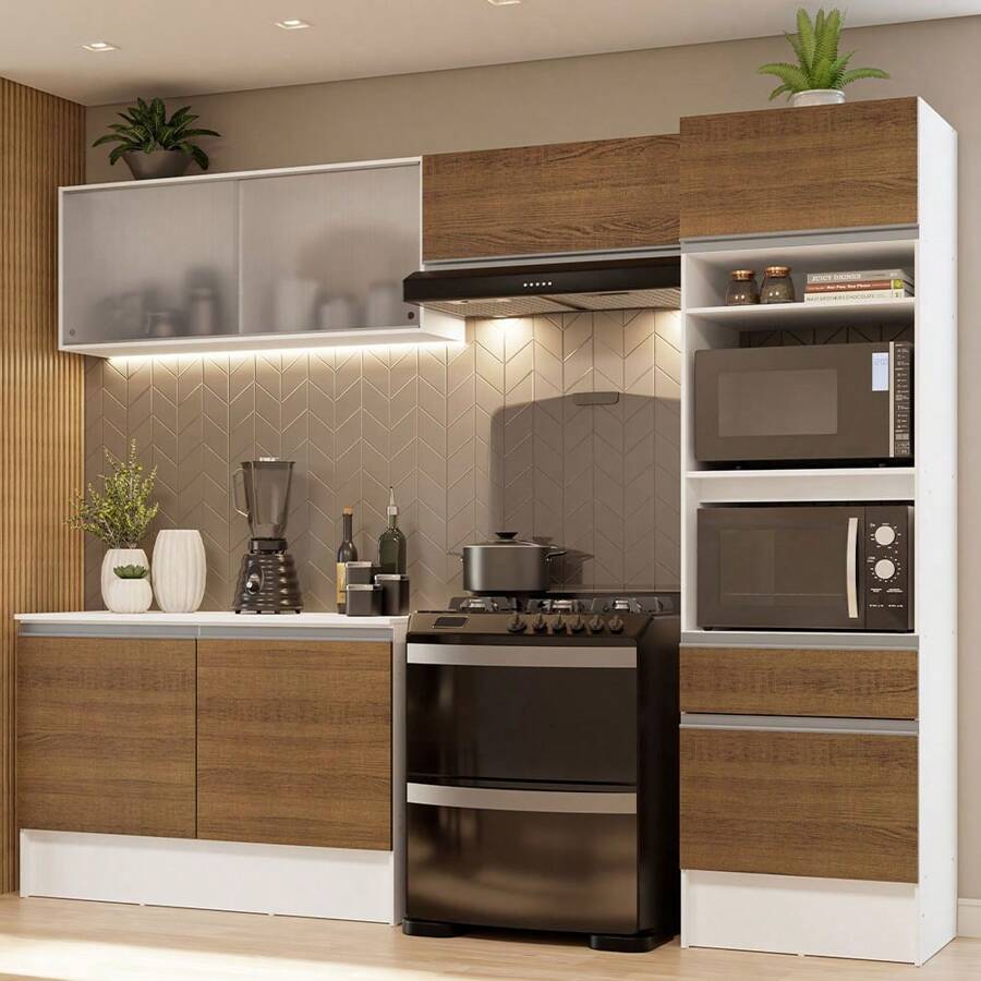 Armario De Cocina Completo Madesa 260cm Topazio 01 Blanco/Marrón - Marrom y Blanco - Ver 1