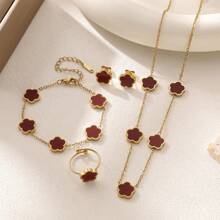 4pcs Stainless Steel 5 Petals Flower Jewelry Set: 1 Necklace + 1 Bracelet + 2 Earrings, Elegant & Fashion For Women Valentines,Mom,Mother,Mother's Day,Gift