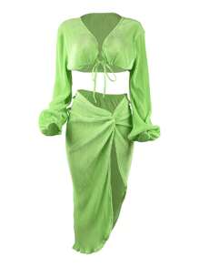 Women's Autumn Sexy Long Sleeve Tie Up Top And High Slit Long Skirt Beach Vacation Smock Casual Two Pieces Set Outfits - Green - View 3