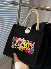 1pc Bunny Teacher Letter Print Linen Tote Bag, Reusable Printed Women'S Tote Bag, Double Handle Shopping School Bag, Large Capacity Shoulder Bag, Casual Tote Bag, Easter Storage Bag, Suitable For Commuting, School And Shopping, Convenient For Outdoor Use, Gift For Friends And Bffs, Teacher Gift, Perfect Choice For Holidays And Festivals