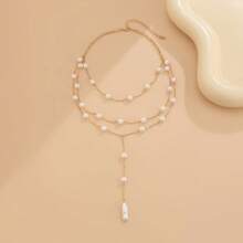 1pc Women's Elegant Minimalist Multi-Layer Faux Pearl Tassel Necklace