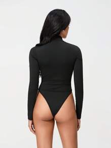 Women's Slim Bodysuit Long Sleeve High Neck Mesh Patchwork Solid Color High Cut Bodysuit - Black - View 5