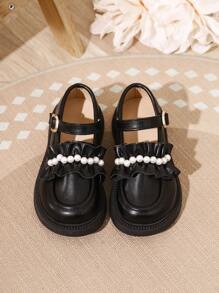 1 paire de chaussures filles mode en dentelle, faux perle, avec fermeture crochet et boucle antidérapante, convient pour l'école, l'extérieur, le port quotidien, toutes les saisons