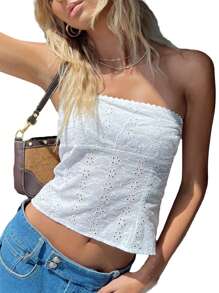 Women Summer Eyelets Bandeau Tube Tops Embroidery Strapless Off Shoulder Backless Hollow Out Crop Tank Tops Y2K Streetwear - 白色 - 查看 1