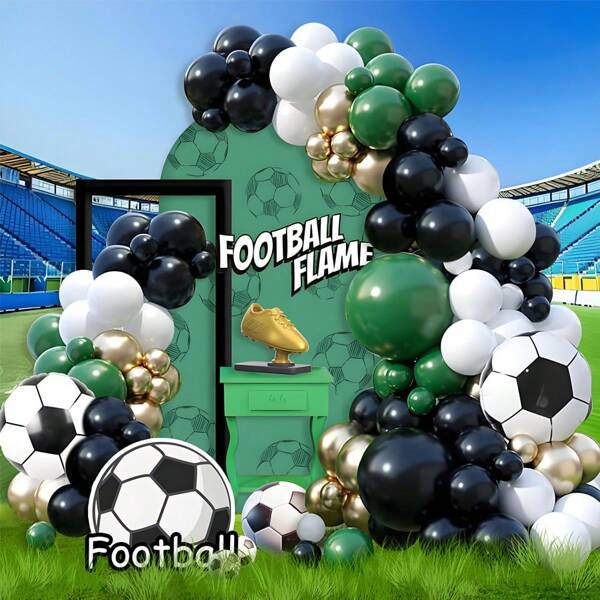 Kit de festa com arco de balões de futebol com 116 peças, balões verdes, pretos, brancos e dourados com balões de alumínio de futebol de 18 polegadas, adequado para despedida de solteiro masculina, tema de futebol esportivo, aniversário, decoração de comemoração de jogo de futebol