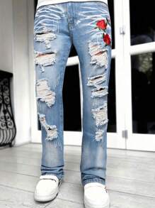 Men's Fashion Casual Outdoor Activities Versatile Rose Embroidery Washed Light Color Jeans - Blue - View 5