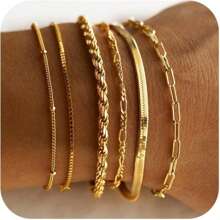 14k Gold Plated Layered Chain Bracelet Set For Women, Waterproof, Fashionable, Delicate, Stacking Paperclip Chain Bangle Bracelets, Graduation Gift, Seal Charm - Gold - View 12