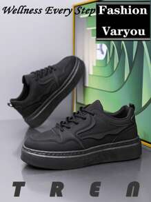 Men Outdoor Casual Sports Shoes - Fashionable Lightweight Waterproof Sneakers - Comfortable New Thick Sole Skateboarding Shoes - Loose Fit All Season Anti-Slip Sliding Safe Plus Size Leather Shoes - Black - View 1