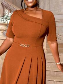 Elegant A-Line Brown Dress, Asymmetric Neckline Design, Plus Size, Suitable For Events, Church Gatherings, Work, Business Occasions, Fashionable Women's Elegant Dress Summer - Brown - View 7