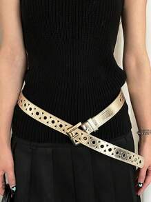 1pc Punk Y2K Style Glossy Hollowed-Out Women Personalised Belt, Fit For Skirts, Jeans, Casual Solid Color PU Leather Belt, Minimalist Fashion For Spring And Summer