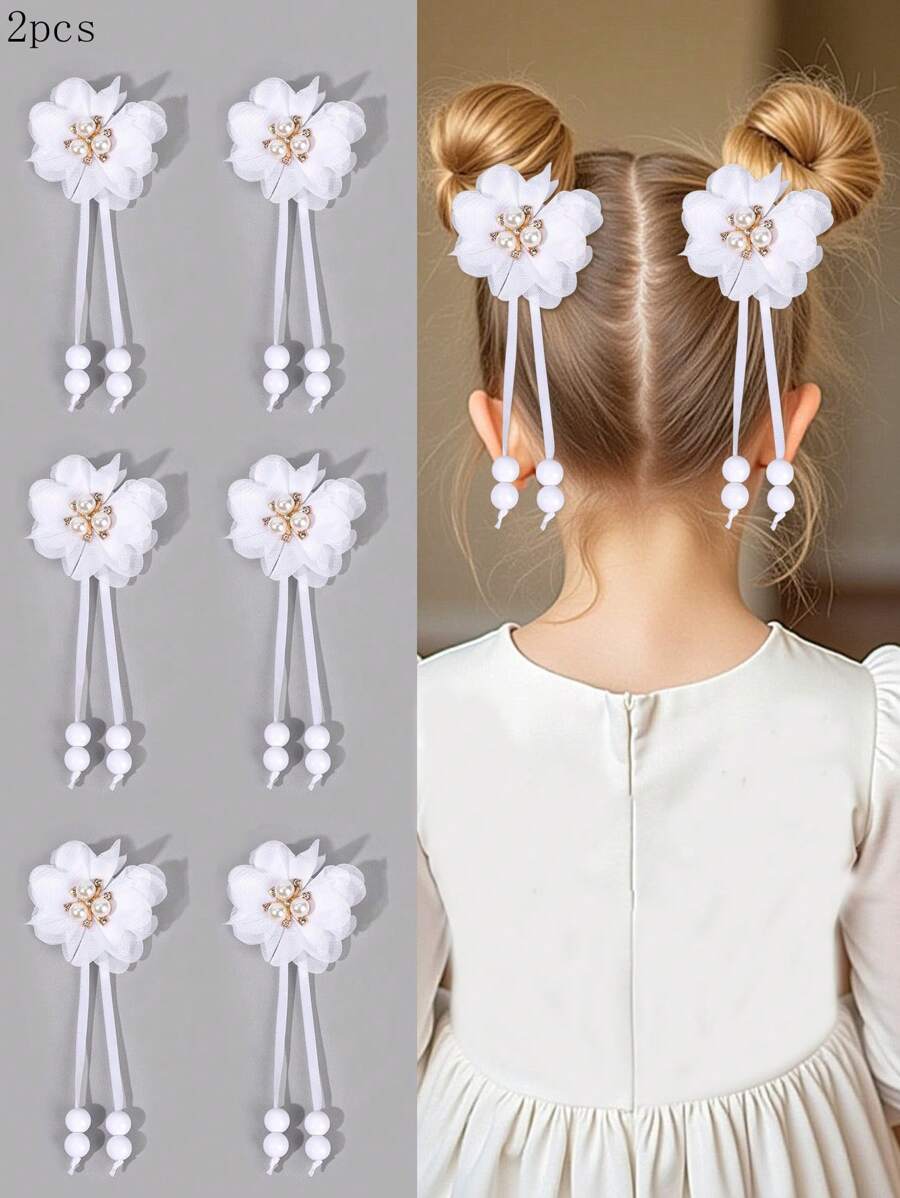 2个白色花朵发夹，珍珠装饰长尾发夹，时尚鳄鱼夹发饰，女孩礼物 - 白色 - 查看 1