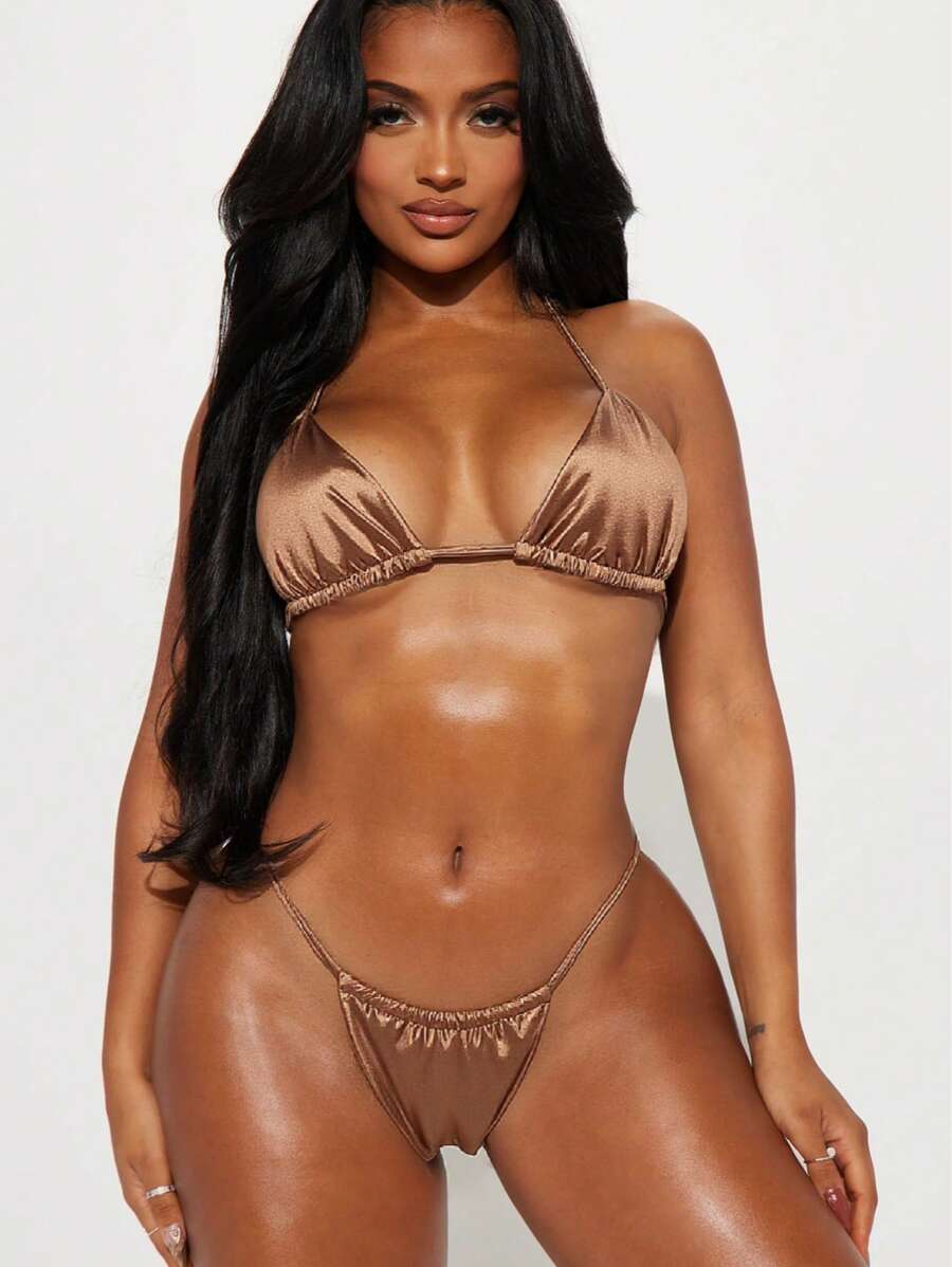 New Metallic Halter Triangle Tie Side Bikini Set - Brown - View 1