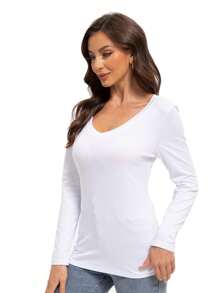 LKESRC Women's Long Sleeve Shirt Soft V-Neck Top Fitted Tight Solid Color Basic T-Shirt - 白色 - 查看 4
