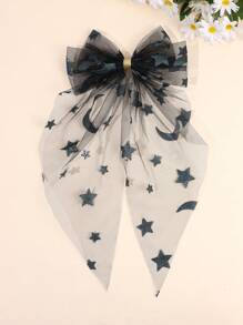 1pc Large Black Mesh Hair Bows For Women Girls Solid Color Star Moon Pattern Alligator Clips Sparkling Star Moon Printed Bow Hair Clips Elegant Long Tail Bow Hair Clips Wedding Party Holiday Gifts Bow Barrettes Women Hair Accessories