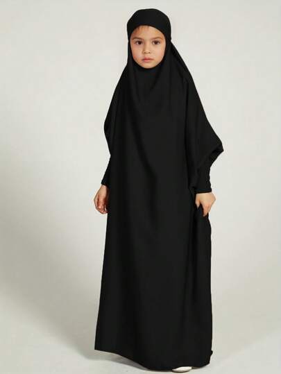 Muslim Tween Girl Girls Abaya Solid Long Kaftan Abaya Enfant Robe Dress Tween Girl Clothes For Gift(Non-Removable Turban)