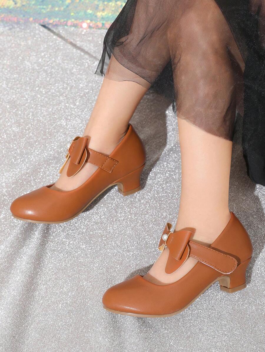 Gold Fashionable Girls High Heels With Ankle Strap, Floral & Pearl Decor, Suitable For Parties And Daily Wear - Brown - View 1