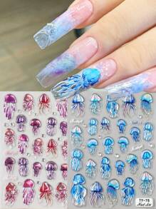 5D Embossed Ocean Nail Stickers Summer Nail Decals Blue Wine Red Jellyfish Nail Sticker Nails Stickers Sea Animals Nail Art Stickers Beach Nail Stickers For Nail Art Supplies Ocean Stickers For Nails