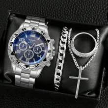 4 件男士手表套装时尚休闲男士大表盘不锈钢石英表免费项链手链戒指 - 4pcs set - 查看 1