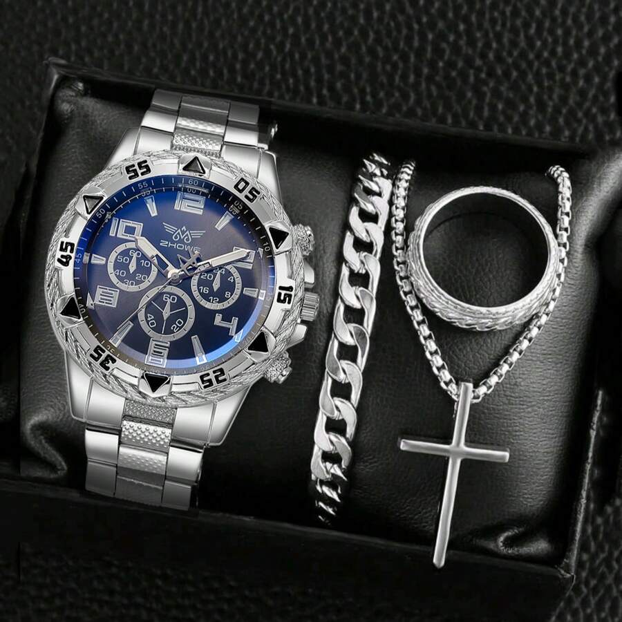 4 件男士手表套装时尚休闲男士大表盘不锈钢石英表免费项链手链戒指 - 4pcs set - 查看 1