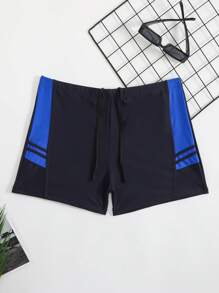 2025 European And American Style Men's Beach Swim Trunks With Drawstring Waist - Navy Blue - View 3