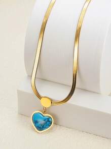 MONALLY Glamorous Charm 18K Gold Plated Stainless Steel Jewelry 1pc Luxury Turquoise Heart Pendant Blade Chain Women's Necklace Best Friend Gifts For Party Western Style - Yellow Gold - View 5