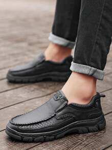 全新时尚男士休闲鞋真皮男鞋手工一脚蹬驾车鞋平底乐福鞋莫卡辛鞋步行鞋 - 黑色 - 查看 1