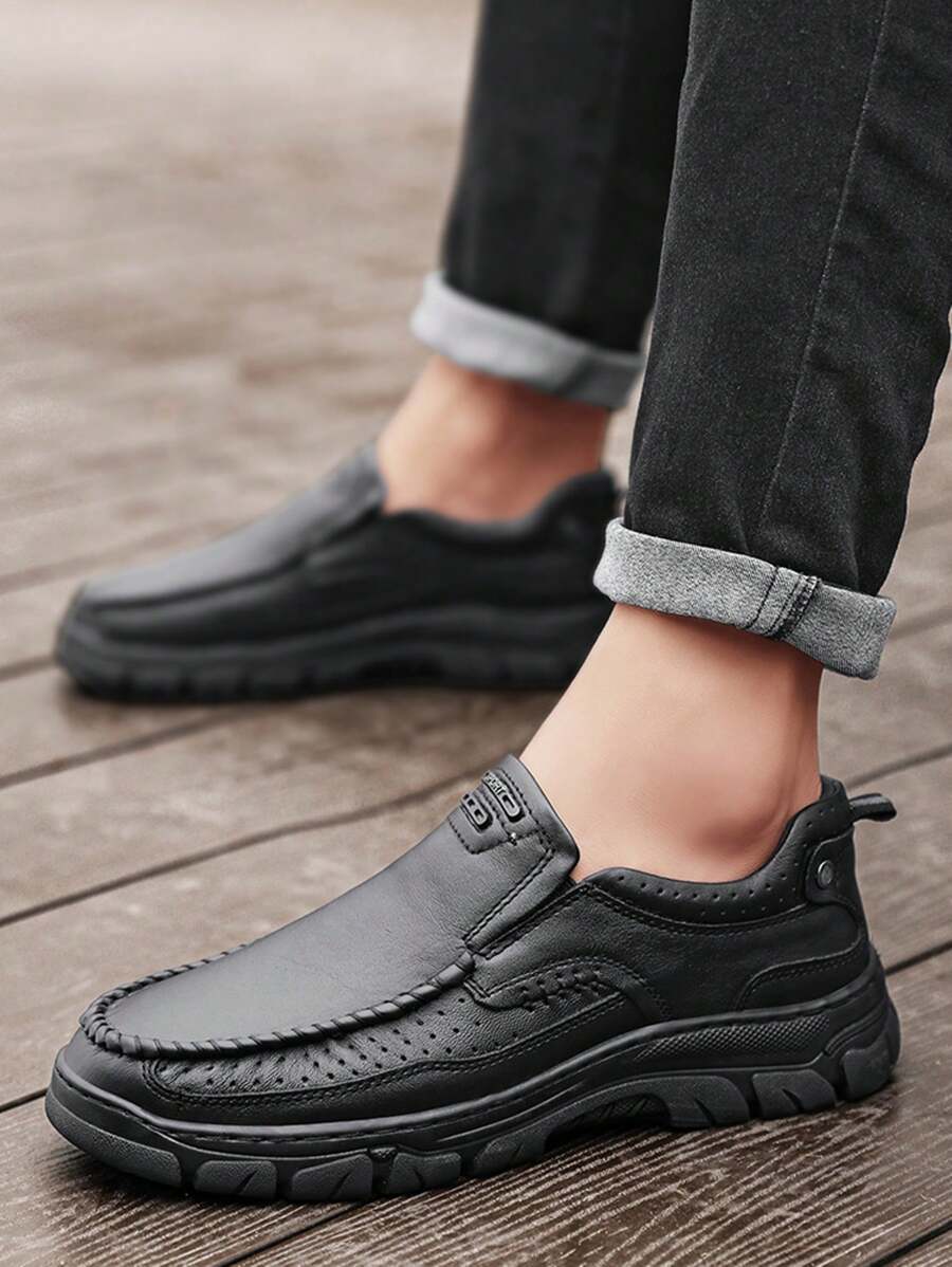 全新时尚男士休闲鞋真皮男鞋手工一脚蹬驾车鞋平底乐福鞋莫卡辛鞋步行鞋 - 黑色 - 查看 1