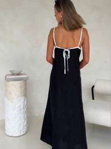 Women's Fashion Contrast Color Cotton And Linen Long Style Suspender Skirt Dress - màu đen - Xem 3