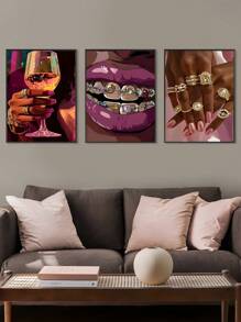 3pcs Set Modern Pink African Woman & Golden Jewelry Canvas Wall Art Prints, Bedroom Wall Art, Living Room Wall Decor, Dining Room Wall Decoration, Kitchen Decorative, Study Room, Corridor, Dormitory Decoration, Ideal Gift For Friends, Wall Arts, Wall Decoration, Home Decoration, Room Decoration Canvas Painting ,Posters,Frameless ﻿ ﻿ ﻿ ﻿ ﻿ ﻿ Gifts Birthday Graduation