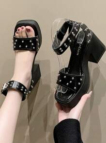 [Black Faux Ankle Boots High Heels] Elegant Women Black Strap Sandals - Open Toe Chunky Heel, Silver Rivet Buckle Closure - Comfortable Summer Elevator Shoes, Rubber Sole, High Heels