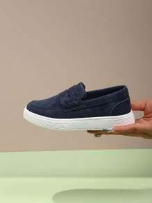 Kids Anti-Slip Classic Fashion Flat Shoes, PU Soft Gradient Color Slip-On Boys Casual Moccasins, Vivid Minimalist Comfortable Breathable Non-Slip Easy-On Loafers For Boys And Girls Students - Navy Blue - View 4