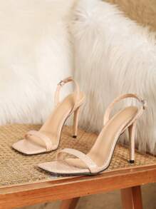 Sandalias de tacón alto para mujer de color beige, con tira al tobillo, diseño de punta cuadrada, versátiles y de moda sexy